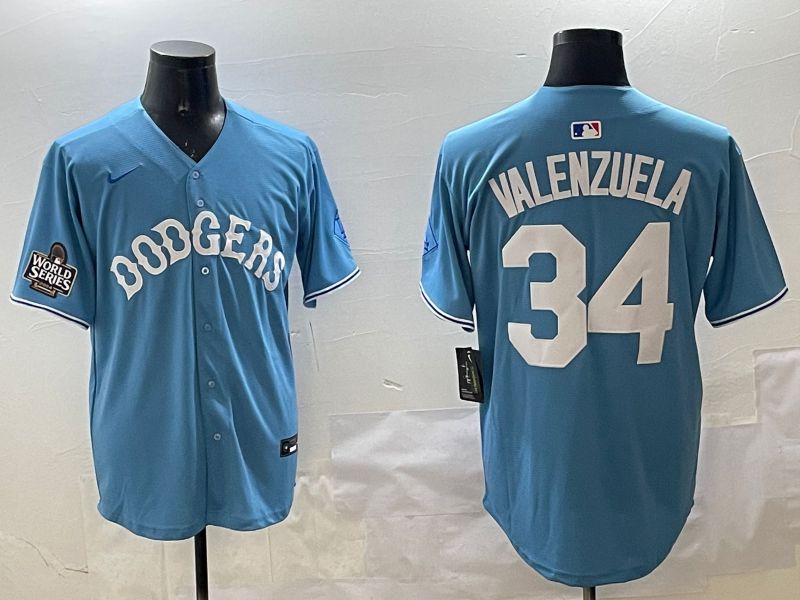 Men Los Angeles Dodgers 34 Valenzuela Light Blue Joint Name 2025 Nike MLB Jersey style 3161